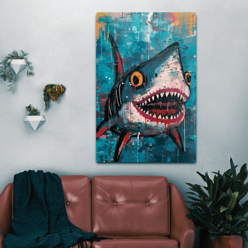 Abstract Shark Wall Art: Captivating Hues in Metal Poster