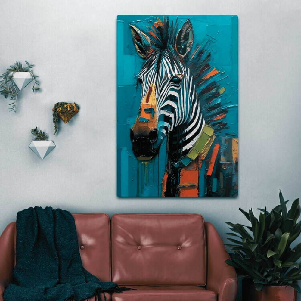 Vibrant Zebra Painting: Modern Metal Wall Poster