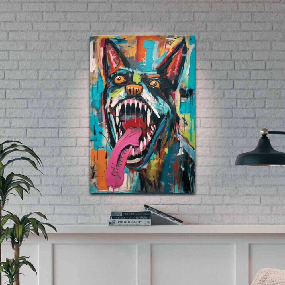 Exuberant Dog Art: Vibrant Abstract Metal Poster with Whimsical Tongue-Out Detail