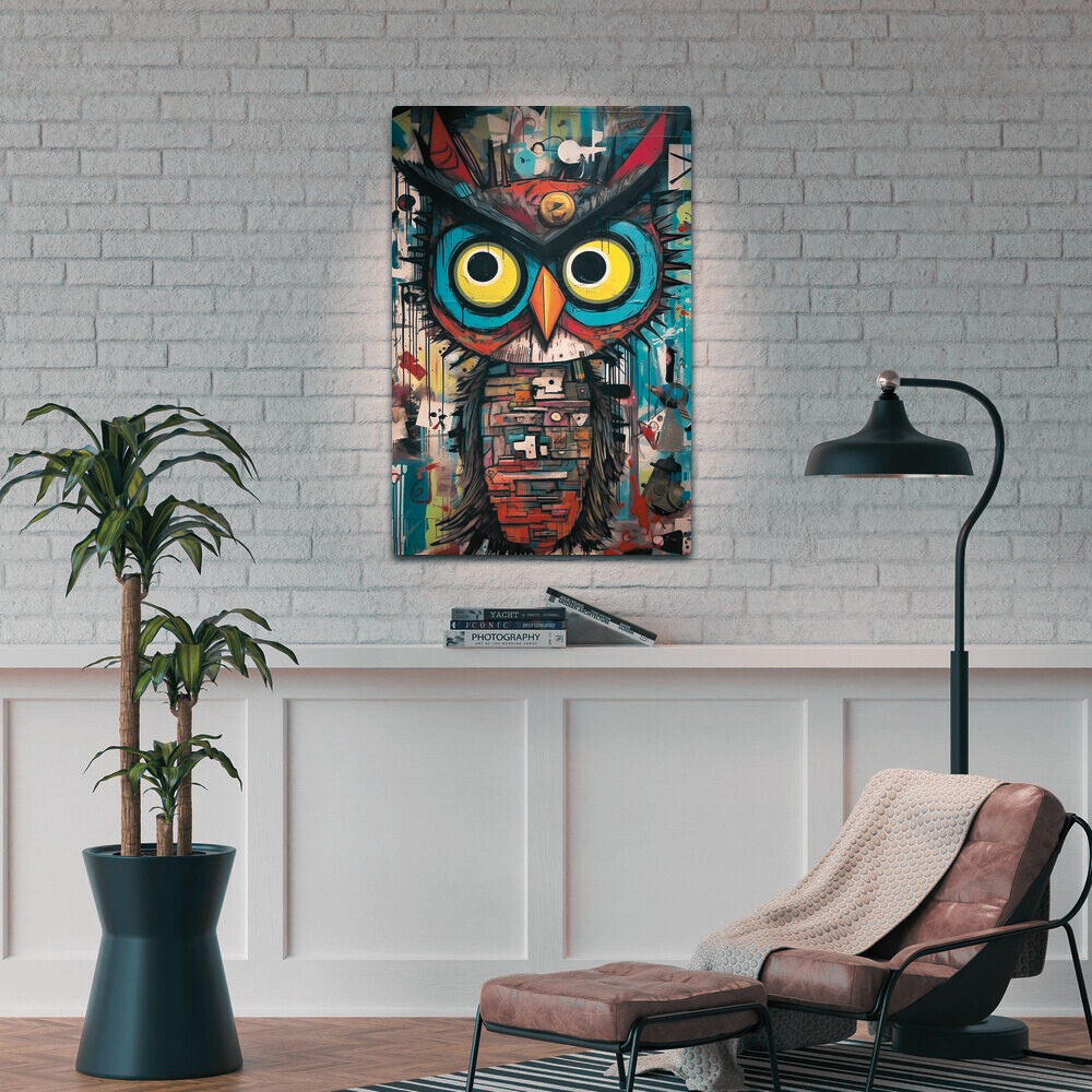 Vibrant Owl Painting: Metal Poster for Owl Enthusiasts