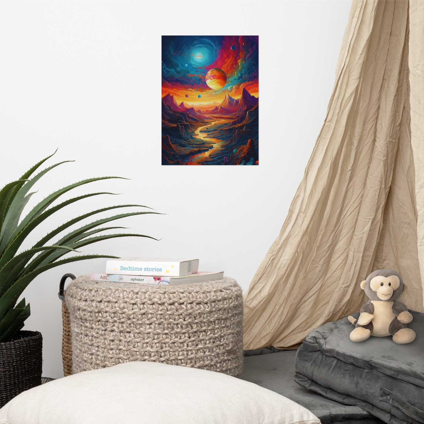 Stunning Extraterrestrial Landscape Art Poster: Vibrant Colors, Planets, and Mountains