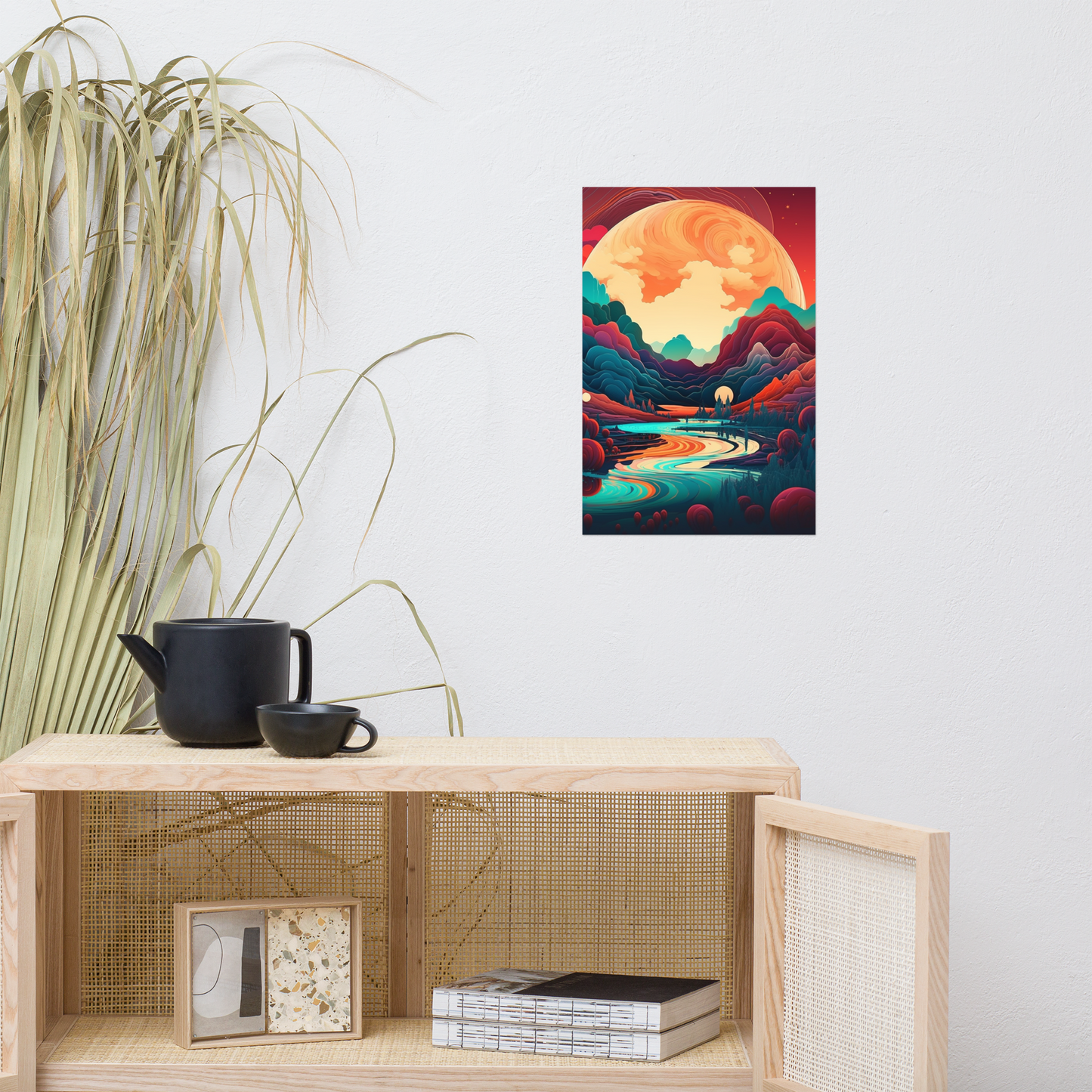 Stunning Extraterrestrial Landscape Poster Art: Fiery Sunset Between Two Mountain Ranges