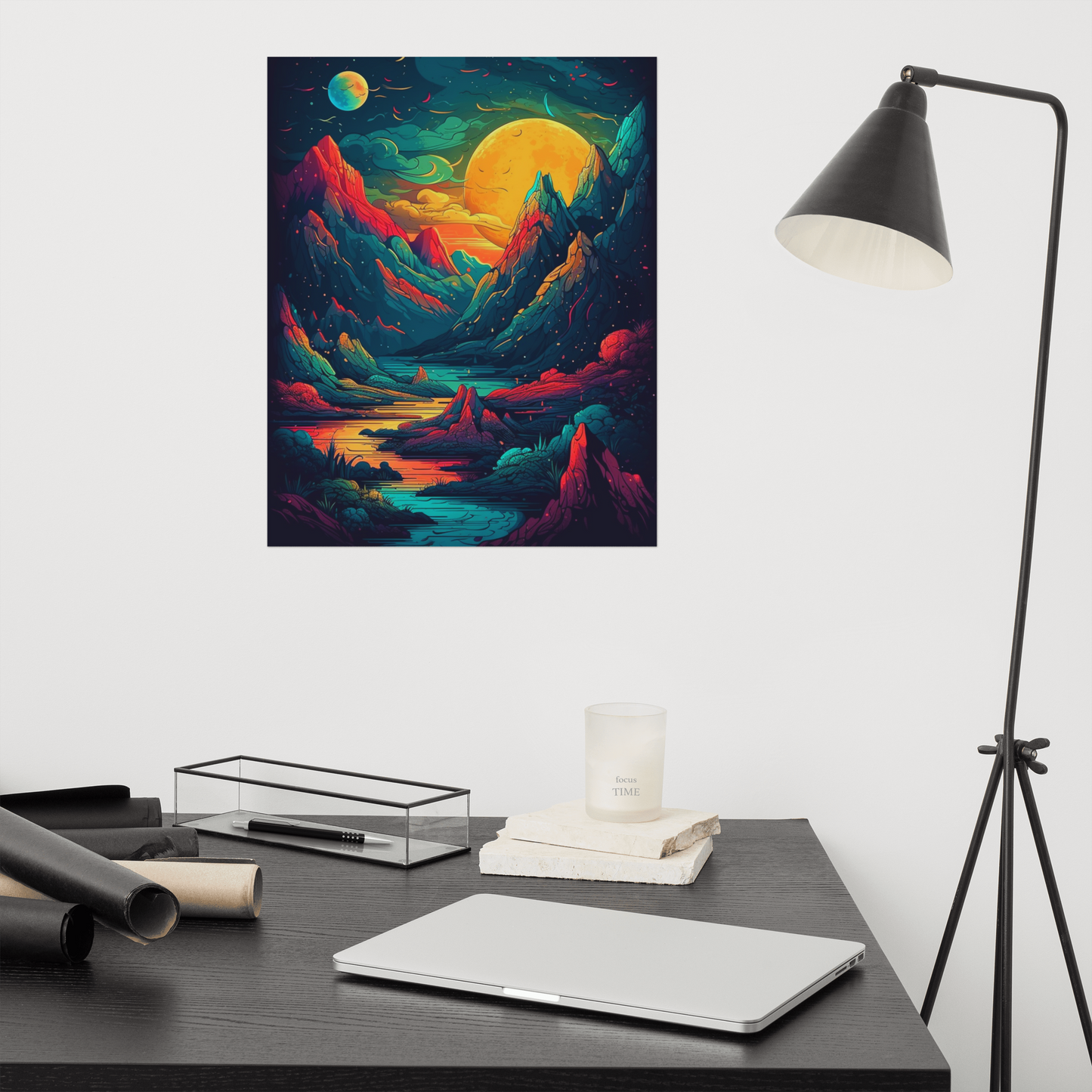 Colorful Poster: Fantasy Art of Extraterrestrial Landscape with Fiery Sunset and Planetary Sky