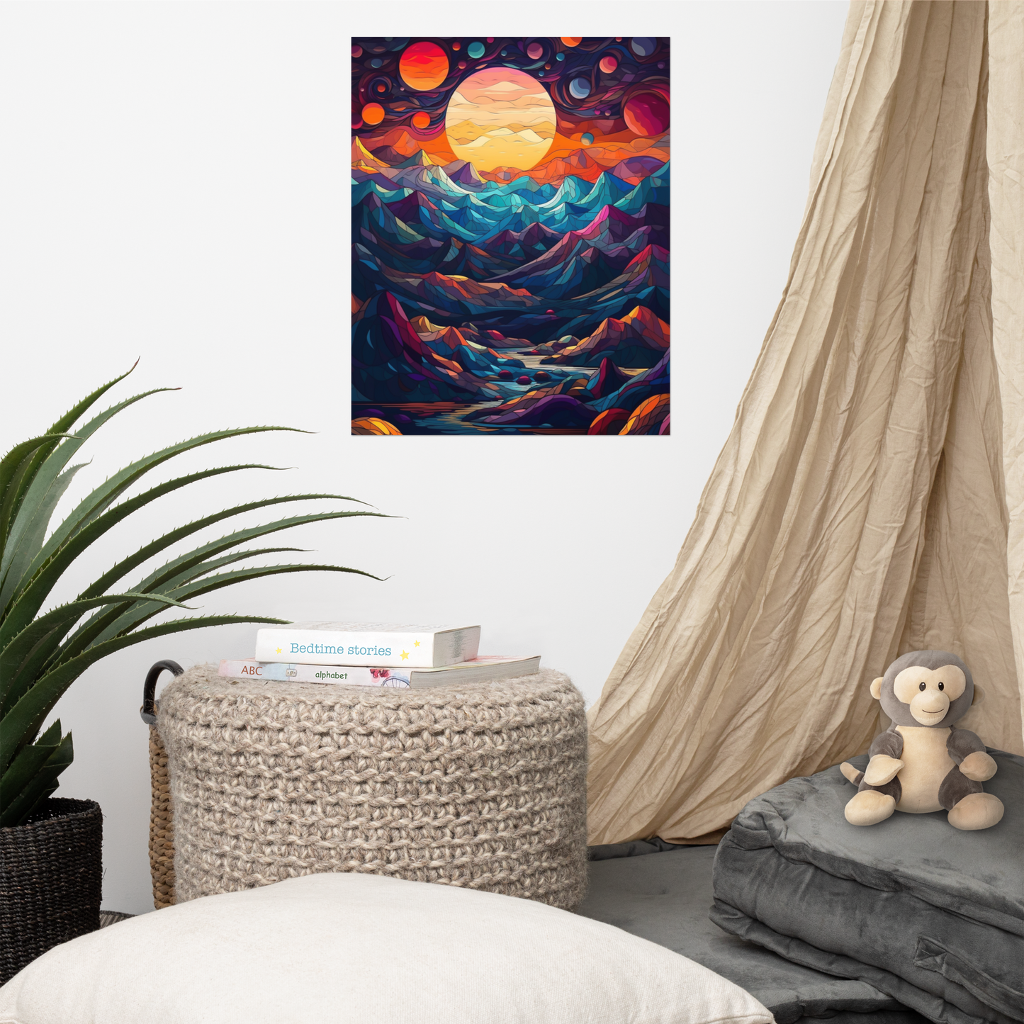 Otherworldly Beauty: Colorful Mountains, Planets, and Sunset Fantasy Poster Art