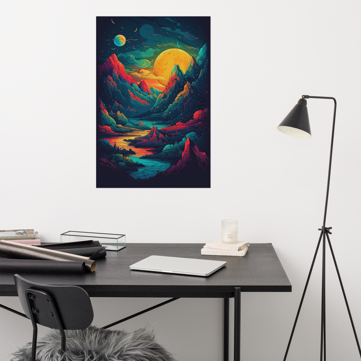 Colorful Poster: Fantasy Art of Extraterrestrial Landscape with Fiery Sunset and Planetary Sky