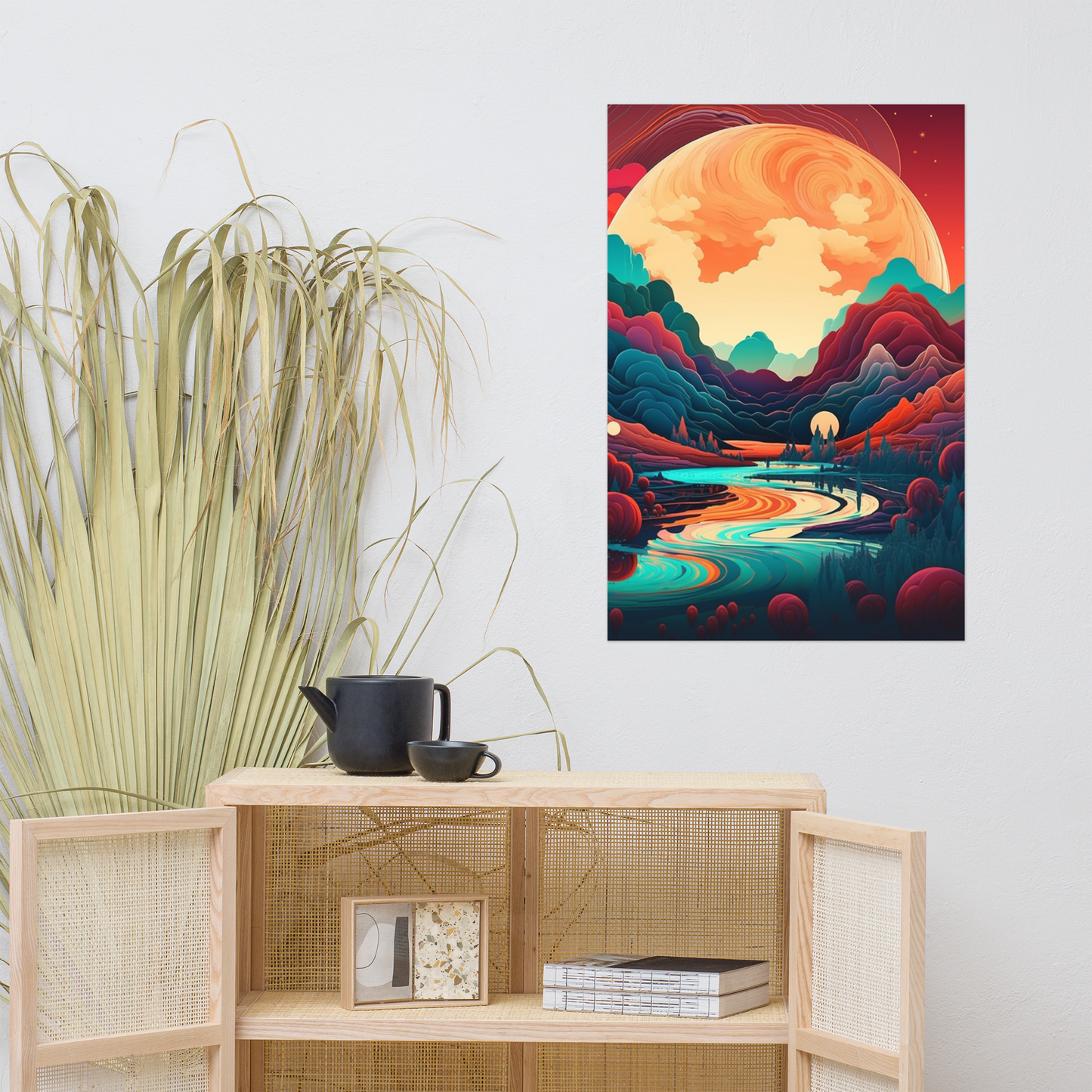 Stunning Extraterrestrial Landscape Poster Art: Fiery Sunset Between Two Mountain Ranges