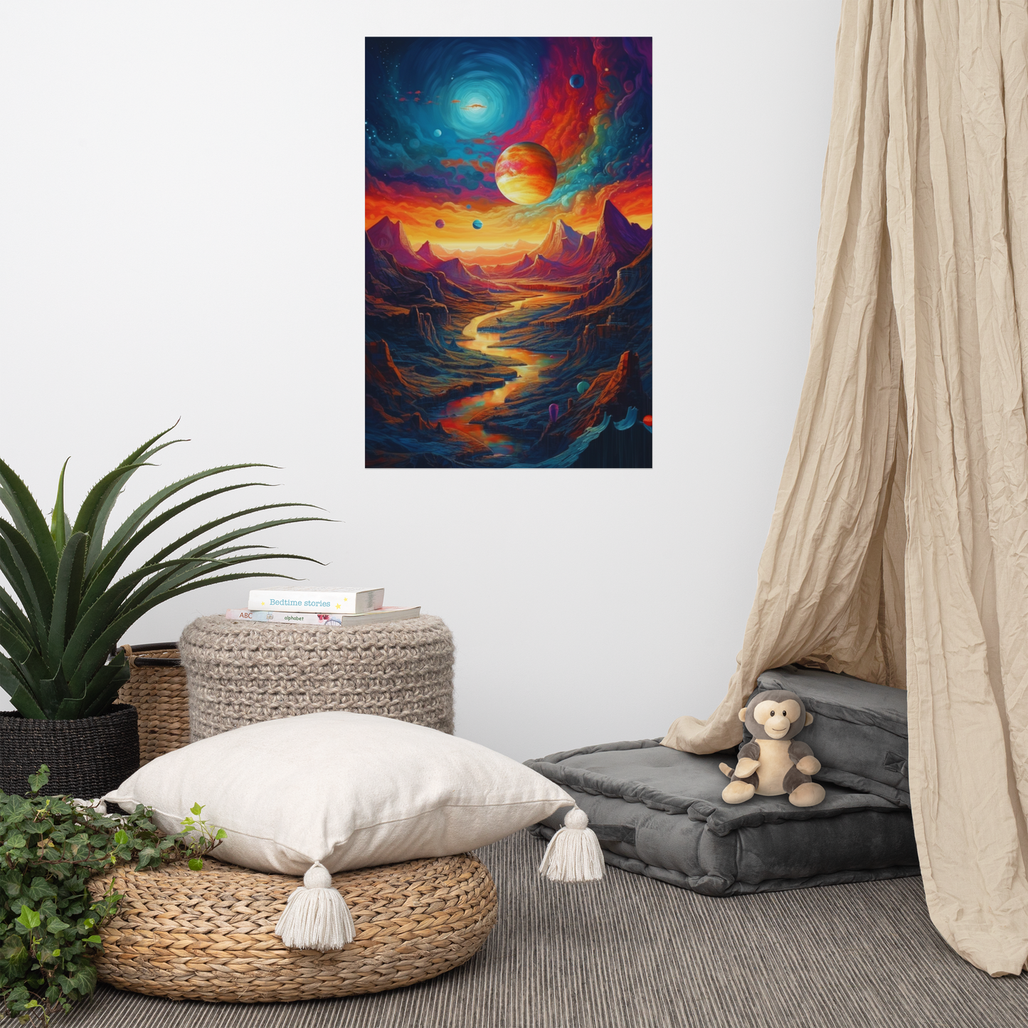 Stunning Extraterrestrial Landscape Art Poster: Vibrant Colors, Planets, and Mountains