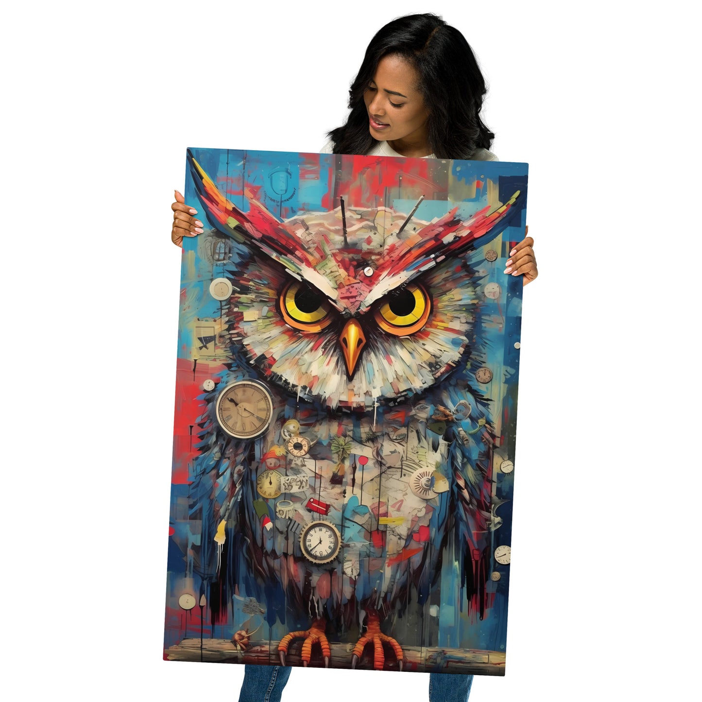 Whimsical Owl Chronometer Metal Print - Colorful Owl and Clock Art