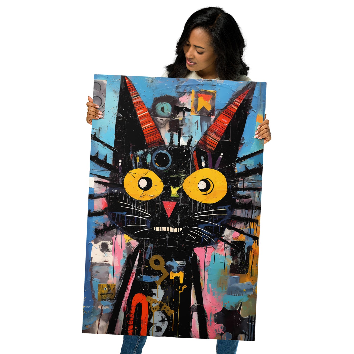 Abstract Metal Wall Art: Mysterious Black Cat and Colorful Splash