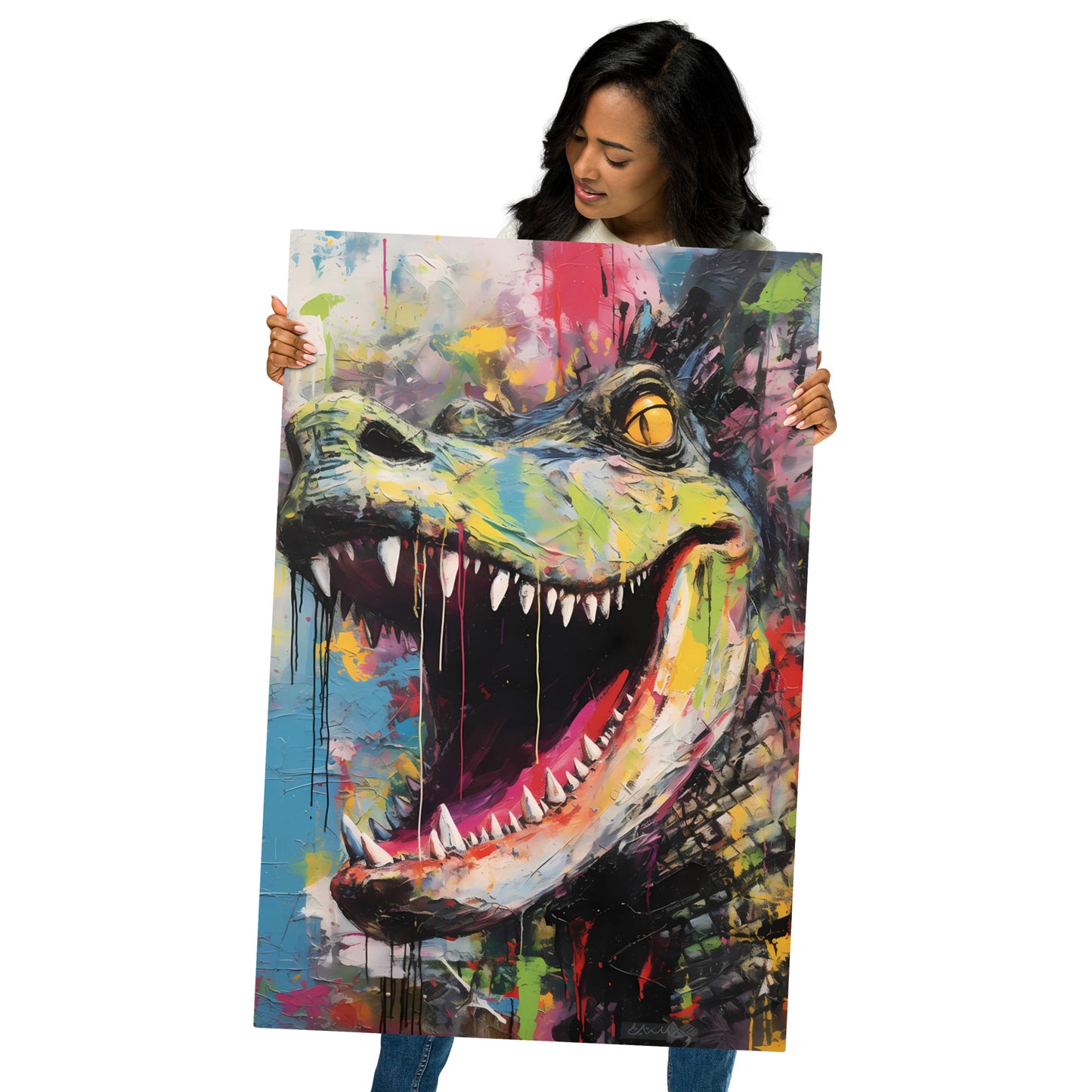 Vibrant abstract dinosaur wall art with striking colors and menacing expression