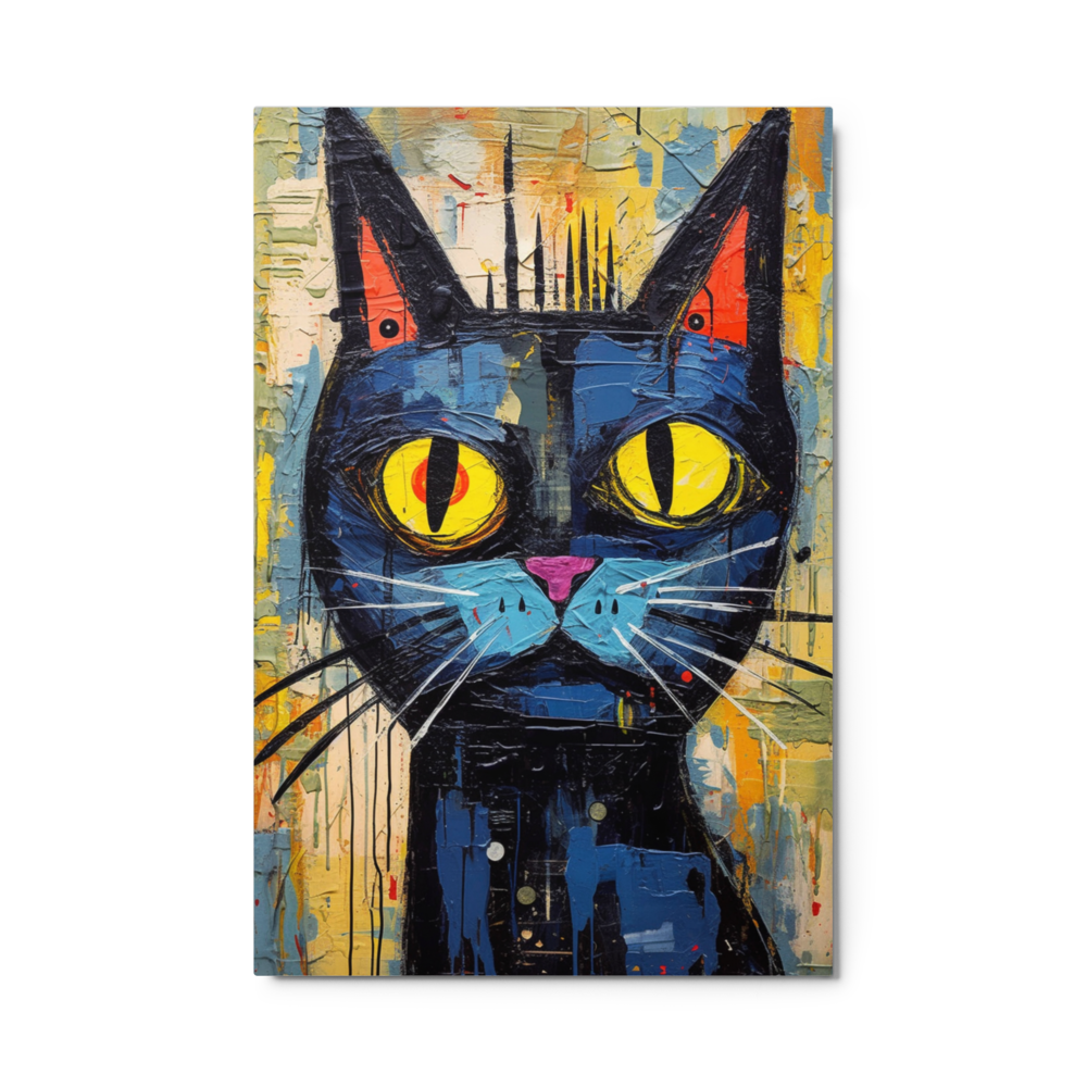 Vivid Multicolored Backdrop: Stunning Metal Wall Art with Black Cat