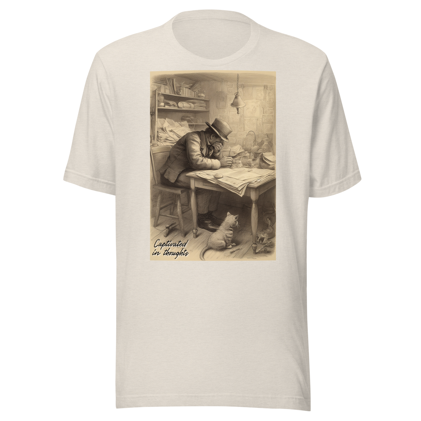 Unisex t-shirt Art Print: The Writer's Companion. Captivated in thoughts