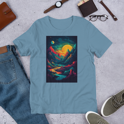 Stylish Landscape Art Print T-Shirt - Fiery Sunset and Planetary Sky