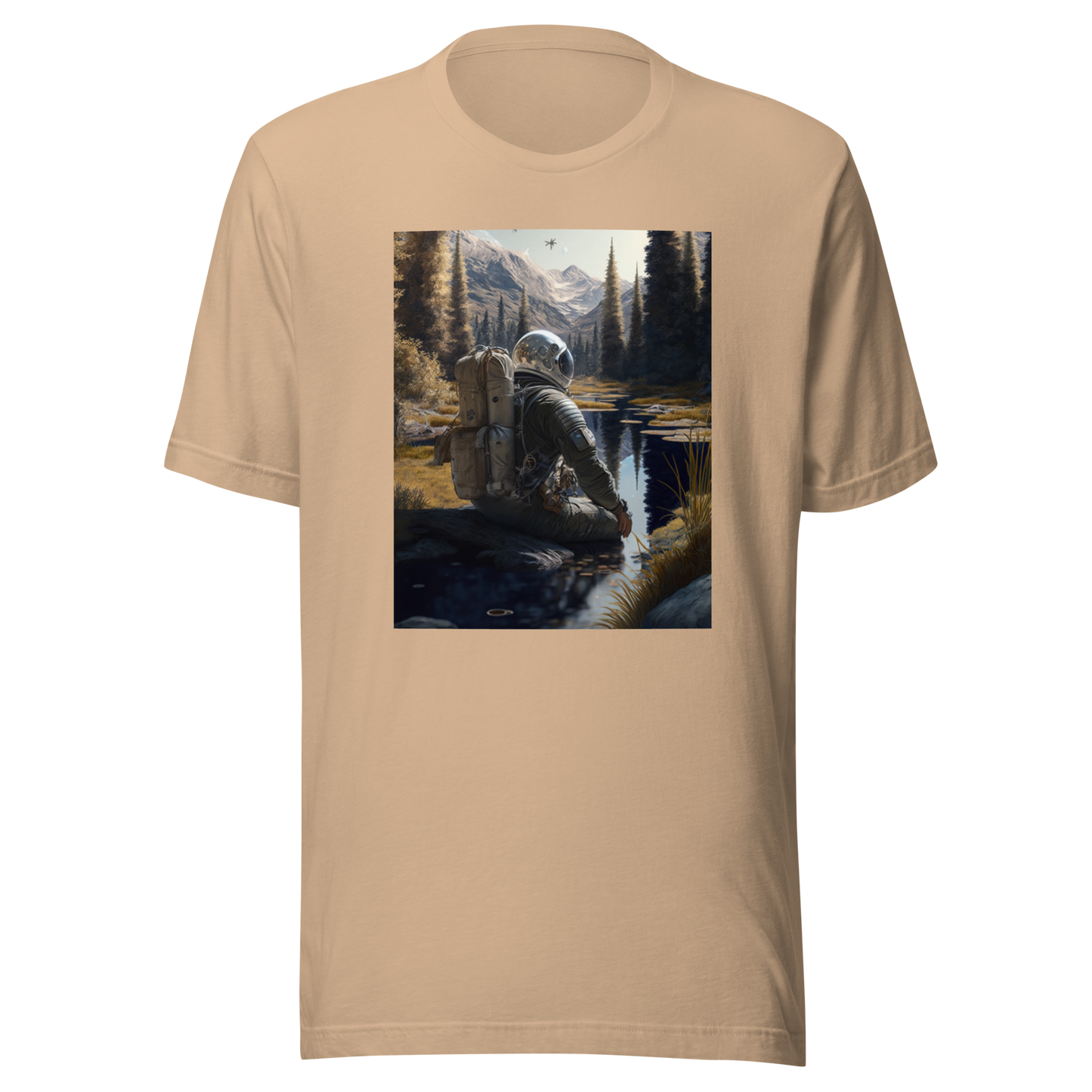 Astronaut Forest Lake Unisex T-Shirt with Mountain Print