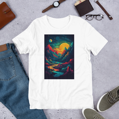 Stylish Landscape Art Print T-Shirt - Fiery Sunset and Planetary Sky