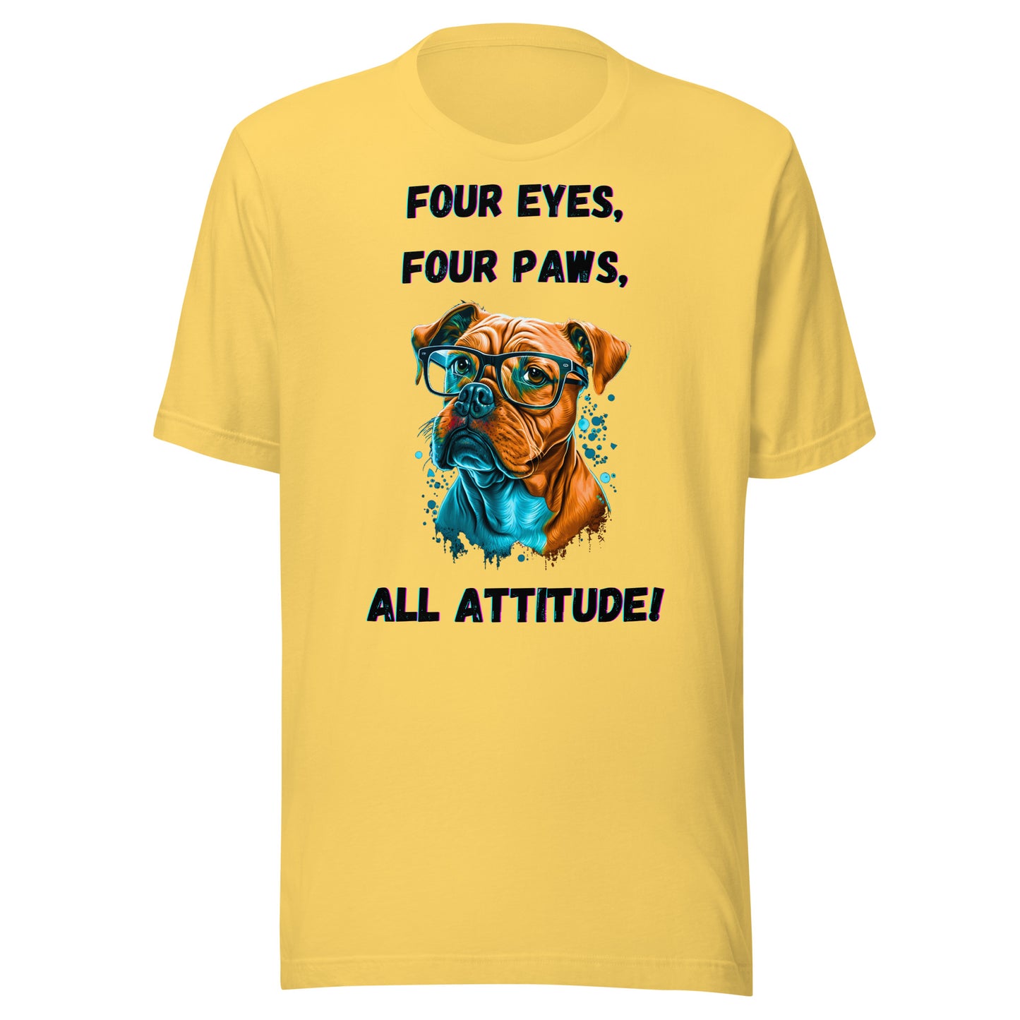 Unisex t-shirt. Print Canine Confidence. Dog with glasses